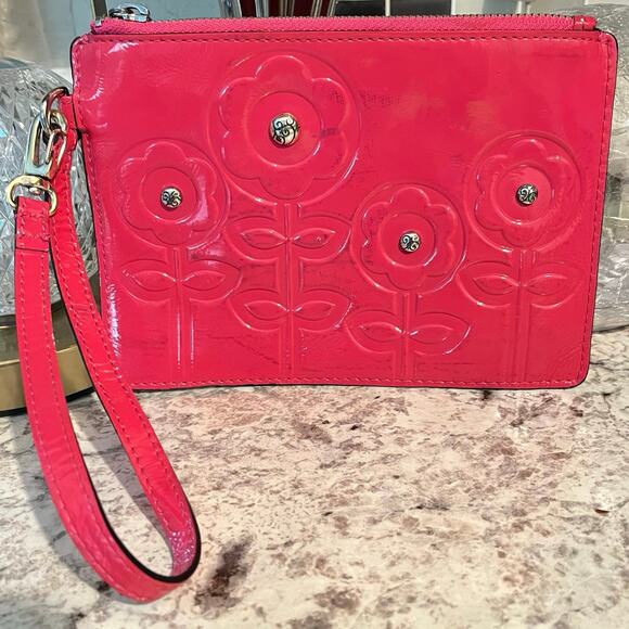 Brighton Pink Patent Leather Flower Embossed Wristlet - Silver Brighton Hardware - Picture 1 of 10
